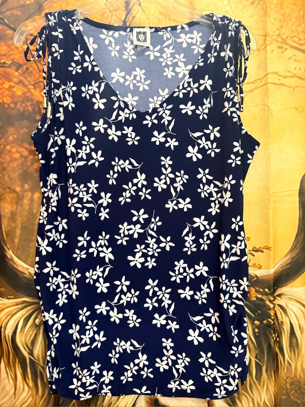 Sleeveless Navy Floral V-Neck Tie-Shoulder Top